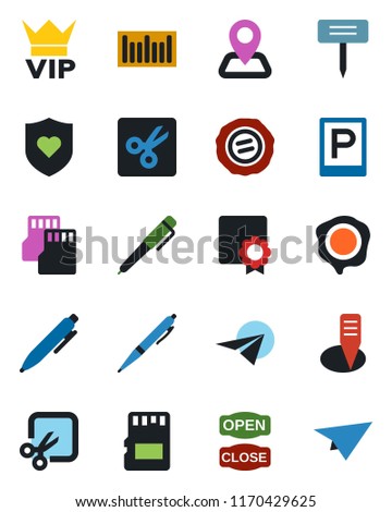 Color and black flat icon set - parking vector, vip, pen, stamp, plant label, heart shield, navigation, barcode, sd, cut, sertificate, open close, paper plane