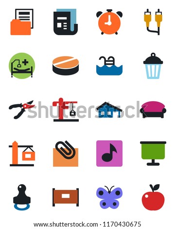 Color and black flat icon set - fence vector, alarm clock, waiting area, pruner, butterfly, garden light, pills, hospital bed, news, rca, music, presentation board, paper clip, document folder, pool