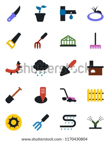 Color and black flat icon set - trowel vector, garden fork, shovel, fence, rake, seedling, saw, lawn mower, sun, rain, knife, plant label, fireplace, greenhouse, caterpillar, pond, drip irrigation