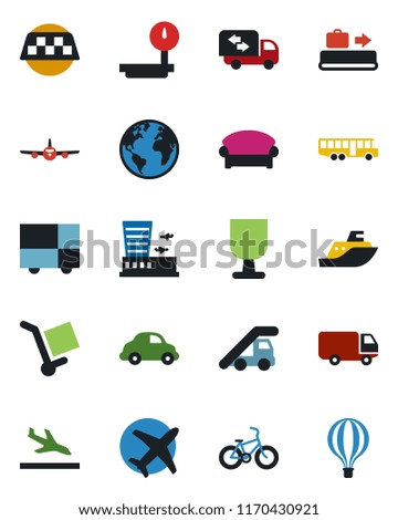 Color and black flat icon set - taxi vector, arrival, baggage conveyor, airport bus, waiting area, ladder car, plane, building, bike, earth, sea shipping, delivery, consolidated cargo, fragile
