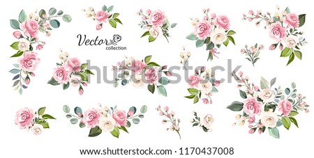 Set of floral branch. Flower pink rose, green leaves. Wedding concept with flowers. Floral poster, invite. Vector arrangements for greeting card or invitation design Royalty-Free Stock Photo #1170437008