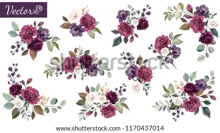 Set of floral branch. Flower burgundy, purple rose, green leaves. Wedding concept with flowers. Floral poster, invite. Vector arrangements for greeting card or invitation design Royalty-Free Stock Photo #1170437014