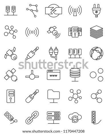 thin line vector icon set - molecule vector, satellite, satellitie, social media, rca, jack, connect, connection, network, server, folder, cloud exchange, big data, browser, share, chain, wireless