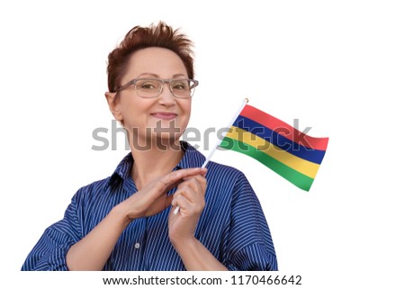 Mauritius flag. Woman holding Mauritius flag. Nice portrait of middle aged lady 40 50 years old with a national flag isolated on white background.