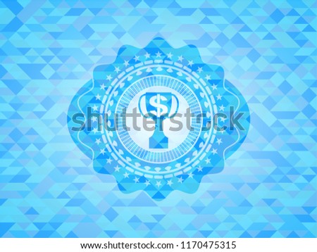 trophy with money symbol inside icon inside sky blue emblem. Mosaic background
