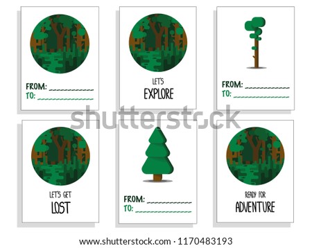 Set of cute card templates with forest elements in flat design and hand drawn lettering .