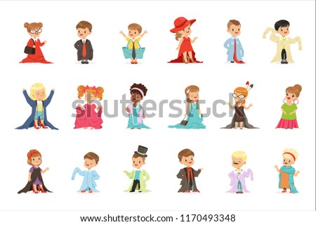 Cute little kids wearing elegant adult oversized clothes set, children pretending to be adults vector Illustrations Royalty-Free Stock Photo #1170493348