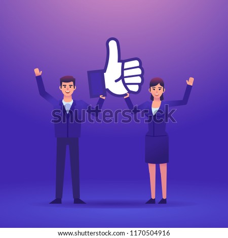 Cheerful businessman and woman holding big thumb up icon. Successful social media, rate. Colorful design vector illustration