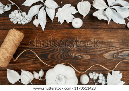 Rope, white leaves and pumpkin of autumn frame decor on dark brown wooden backgound flat lay mockup for your art, picture or hand lettering. Composition copy space, top view