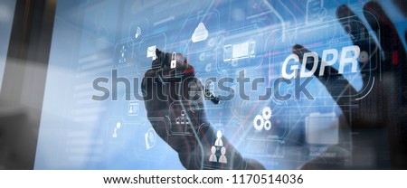 GDPR. Data Protection Regulation with Cyber security and privacy virtual diagram.Business team meeting. Photo professional investor working new computer with e mail interface.