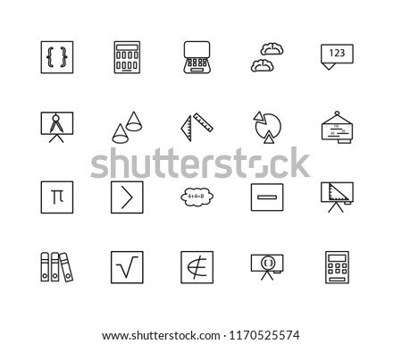Set Of 20 linear icons such as Calculator, Brackets, Is not an element of, Square root, Open book, Chat, Pie chart, Cloud computing, Pi, Cone, Tablet, editable stroke vector icon pack