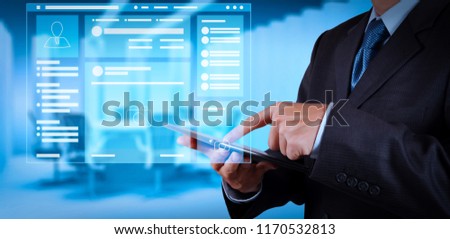 Web page browser of Social media Page VR Interface on the laptop computer.businessman success working with his board room background