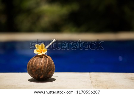 tropical coconut drink with yellow flower, at swimming pool edge. Hotel relaxing.