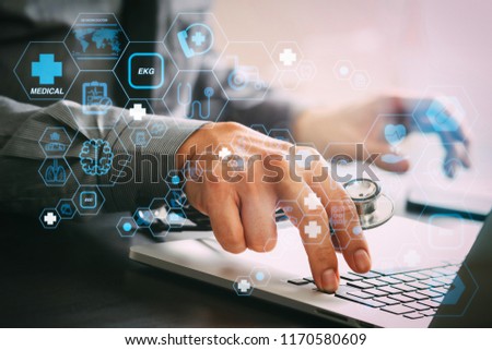 Health care and medical technology services concept with flat line AR interface.smart medical doctor working with laptop computer and stethoscope on dark wooden desk 