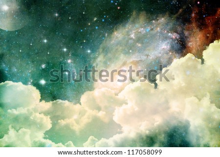 A photo based cloudscape with clouds, stars and moon with distant galaxies using "Elements of this image furnished by NASA" - Illustration