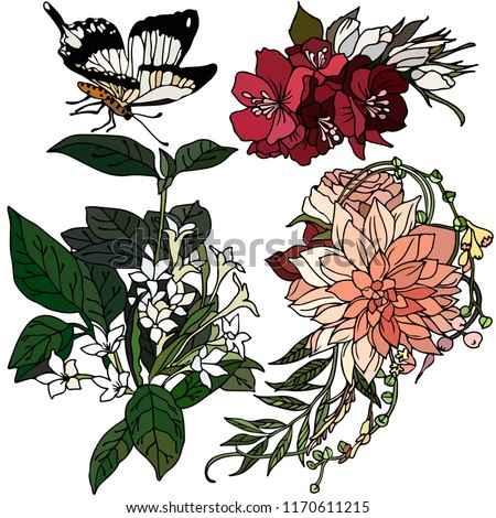 Set of flowers and butterflies. Vector illustration. Beautiful nature. Vintage pattern, background, bouquet. Realistic colorful drawing, tattoo.