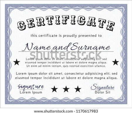 Blue Certificate. Lovely design. Printer friendly. Vector illustration. 
