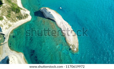 Aerial drone photo of tropical white rock exotic volcanic bay with turquoise clear open sea