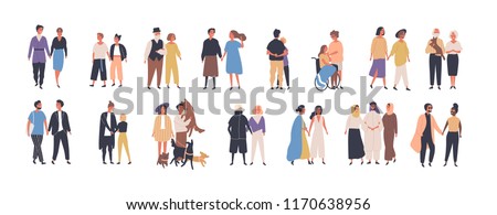 Collection of different types of romantic relationships and marriage - polygyny, interracial, lgbt and elderly couples isolated on white background. Love diversity. Flat cartoon vector illustration. Royalty-Free Stock Photo #1170638956