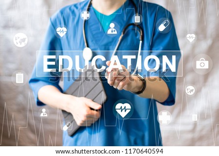 Doctor pushing button education healthcare network on virtual panel medicine.