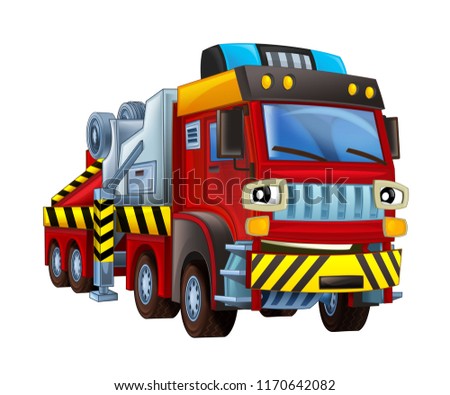 cartoon scene with fireman truck looking and smiling on white background - illustration for children
