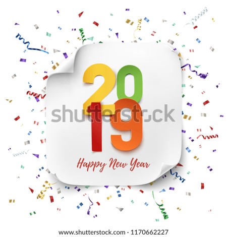 Happy New Year 2019. Colorful paper design with ribbons and confetti. Greeting card template. Vector illustration.