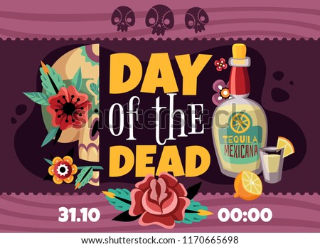 Dead day party announcement horizontal poster with data time tequila rose flower sculls colorful decorative vector illustration 