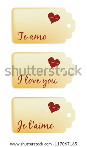 set of love tags in spanish, english and french