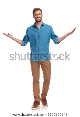 happy casual man welcoming on white background, full body picture