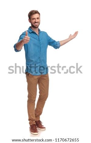 full body picture of a casual man presenting and making the ok sign on white background