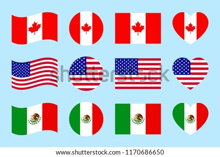 Northern america countries flags. vector illustration. Canada, USA, Mexico official flags. geometric shapes. Flat style. The North american states. Us, Canadian, Mexican traditional symbols icons