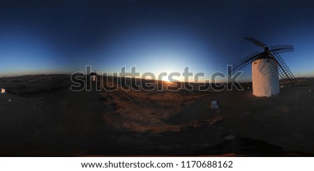 The 360 degree sunrise picture of the famous windmills in Consuegra, Spain
