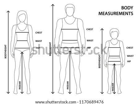 Vector illustration of contoured man, women and boy in full length with measurement lines of body parameters. Man, women and child sizes measurements. Human body measurements and proportions. 