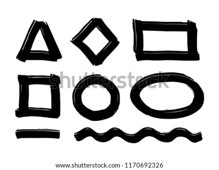 Set of black paint, ink brush strokes, brushes, lines. Graphic artistic design elements, boxes, frames for text.