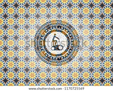 stationary bike icon inside arabic style emblem. Arabesque decoration.