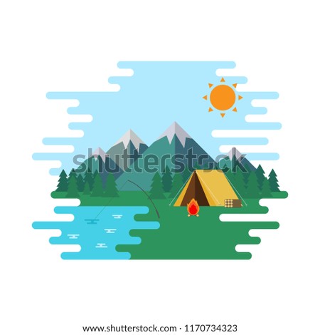 Summer Camp, Landscape Forrest with Yellow Tent in the Mountain. Nature Adventures Vector Illustration.