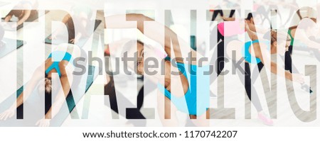 Collage of a fit young woman in sportswear smiling while working out in a health club class with an overlay of the word training