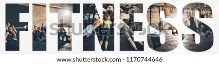 Collage of a diverse group of young people in sportswear doing different exercises together in a gym with an overlay of the word fitness Royalty-Free Stock Photo #1170744646