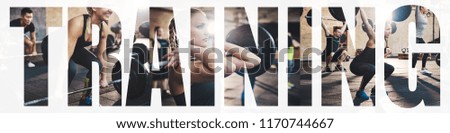 Collage of a fit young woman focused on lifting weights during a workout session at the gym with an overlay of the word training