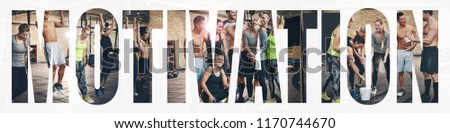 Collage of a group of fit young people in sportswear smiling while working out together in a gym with an overlay of the word motivation