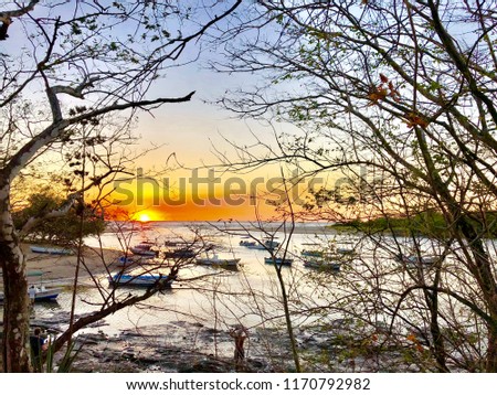Beautiful sunset view from Tamarindo, at Costa Rica, with boats on the water and trees composing the picture