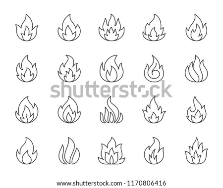 Fire thin line icons set. Outline web sign kit of bonfire. Flame linear icon collection includes game fireball, ignite energy, explosion. Simple fire Vector black contour symbol isolated on white