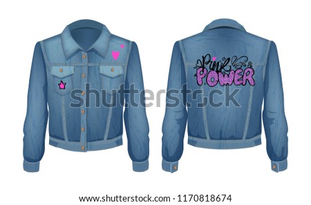 Punk power denim jeans jacket. Stylish clothing for girls with patches and pockets. Fashionable clothing with red heart and crown vector illustration