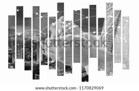 Black and white double exposure of business  Arab man writing on smart phone screen,night city scape and network sign background,selective focus.