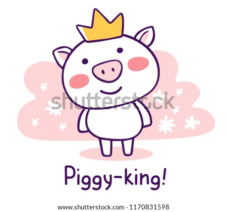 Vector illustration of royal cartoon smile piggy in golden crown with snout and text on pink background with flower. Hand drawn flat style design of symbol of the new year 2019 for web, greeting card