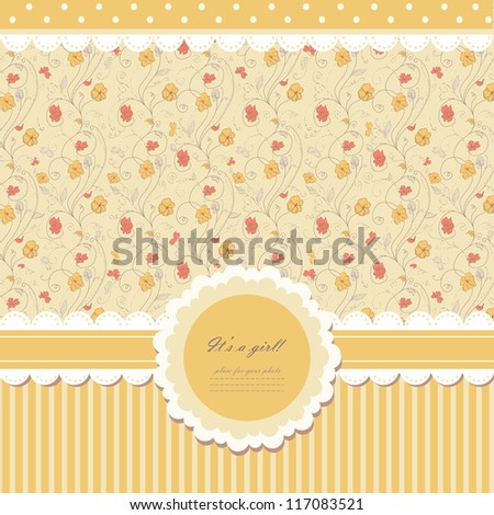 Romantic yellow scrapbooking with text for invitation, greeting, happy birthday, label, postcard, frame, baby seamless, child posrcard, children pattern, clip art, holiday, gift and etc, vector eps 8