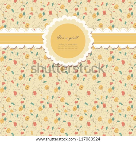 Romantic yellow scrapbooking with text for invitation, greeting, happy birthday, label, postcard, frame, baby seamless, child posrcard, children pattern, clip art, holiday, gift and etc, vector eps 8