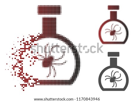 Parasite container retort icon in dissolved, dotted halftone and undamaged solid versions. Particles are arranged into vector dispersed parasite container retort figure.