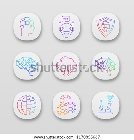 Artificial intelligence app icons set. UI/UX user interface. AI. Chat bot, neurotechnology, big data, internet of things, digital brain. Web or mobile applications. Vector isolated illustrations