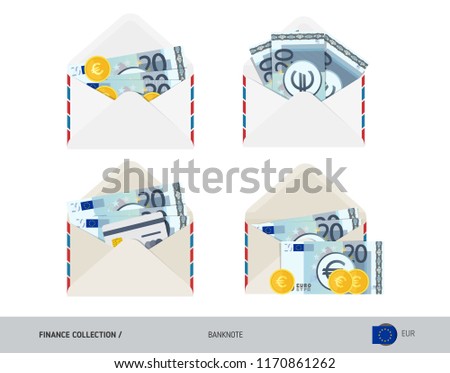 20 Euro Banknote. Set of flat style opened envelopes with cash. Isolated white paper envelope with moneys. Finance concept.